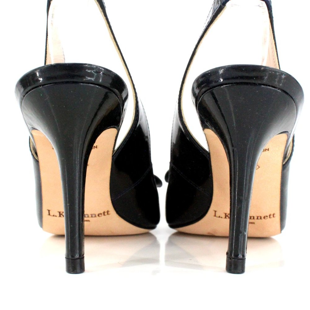 L.K. Bennett Black Patent Leather Peep Toe Slingback Bow Heel SZ 36 - Picture 7 of 16